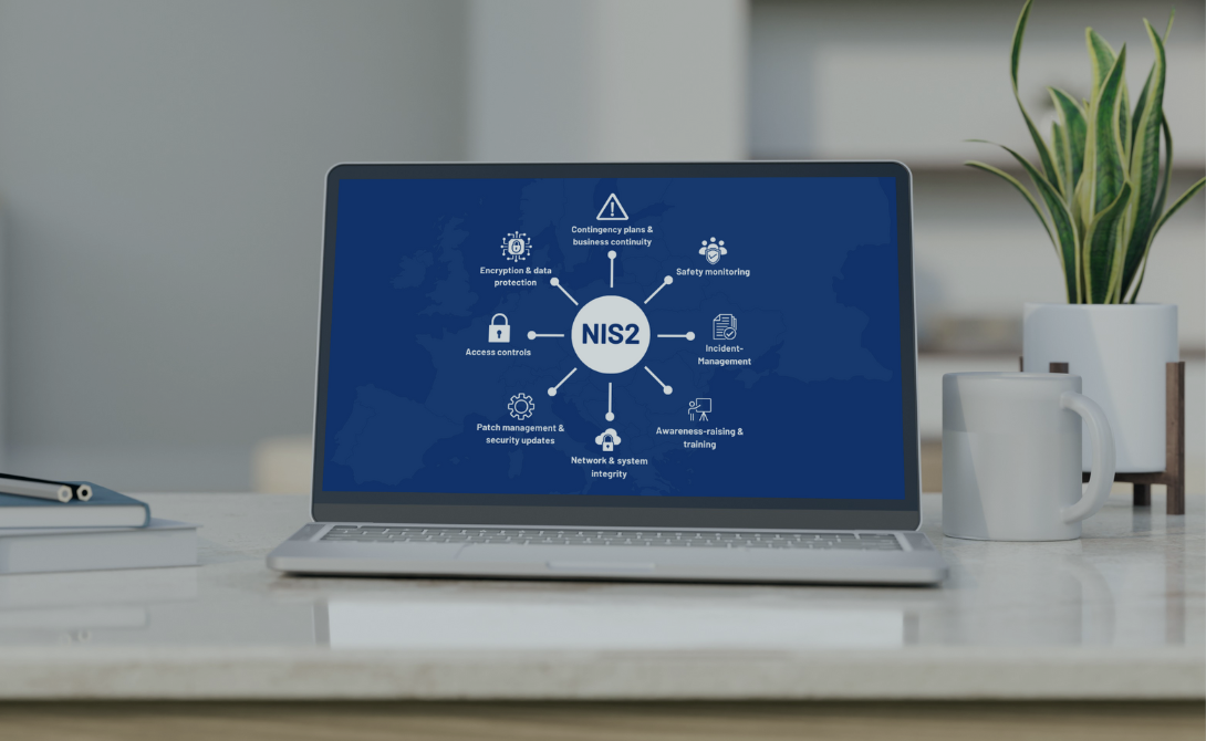 Laptop on a desk displaying a NIS2 compliance diagram – representing practical implementation of the NIS2 directive in cybersecurity strategies.