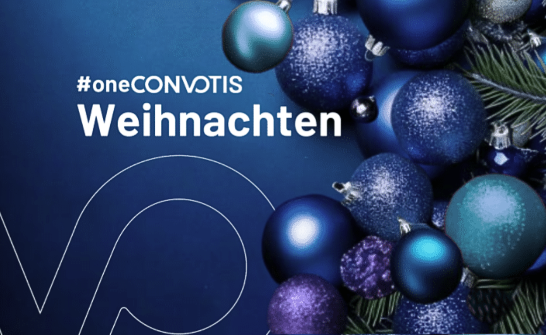 #oneCONVOTIS Christmas message with festive blue ornaments – representing CONVOTIS’ holiday initiative to donate instead of giving gifts