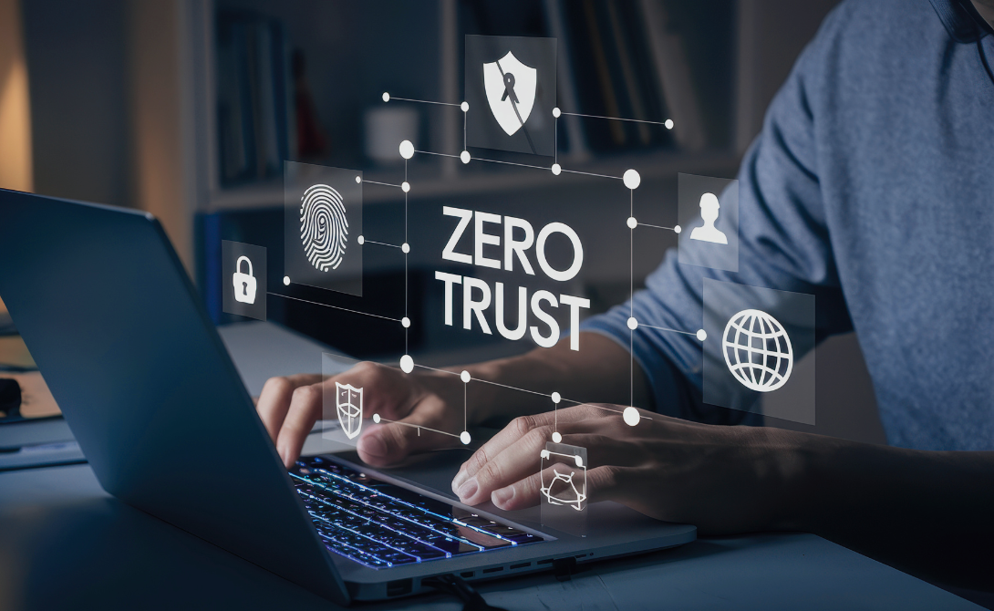 User at laptop using Zero Trust architecture with identity verification, data protection and secure access in a Private Cloud environment.