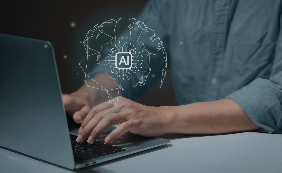 Person typing on a laptop with a digital AI network symbolizing the EU AI Act regulations and data governance.