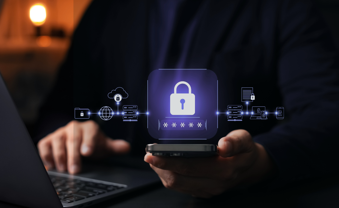 Person holding a tablet displaying a cloud and lock icon, representing sovereign cloud architecture, data security, and control plane governance.