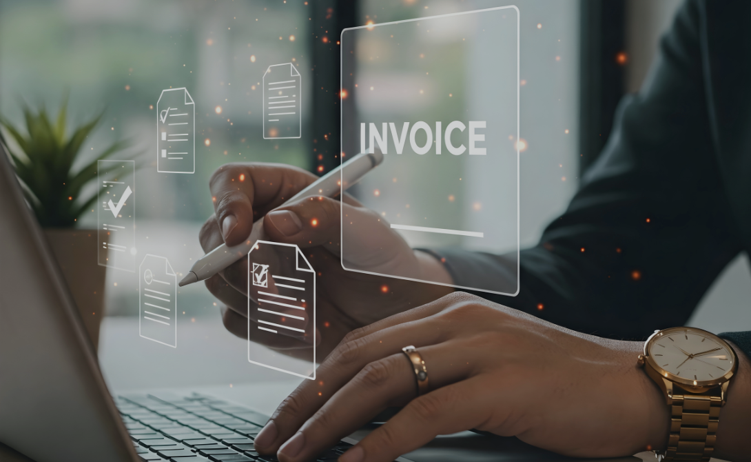 Digital invoice processing on a laptop – illustrating e-invoicing automation in modern IT systems.