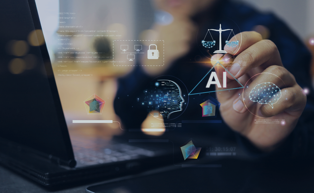 AI concept with data governance icons on screen, visualizing secure digital transformation in enterprise IT