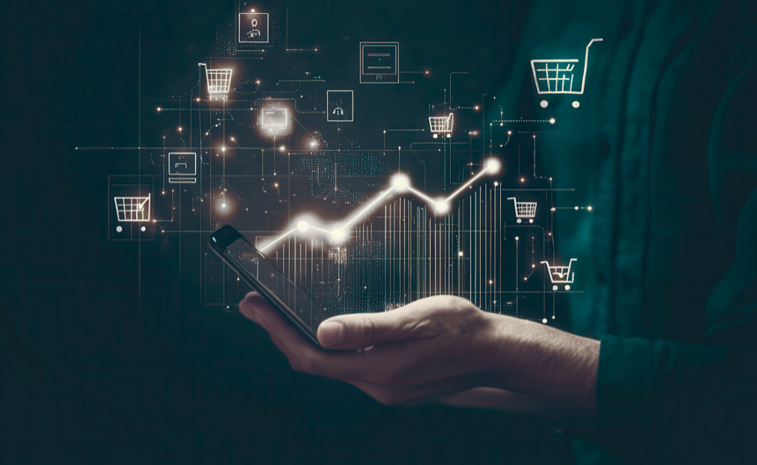 Person holding a smartphone with digital shopping icons and analytics – visualizing AI-driven trends shaping the future of e-commerce