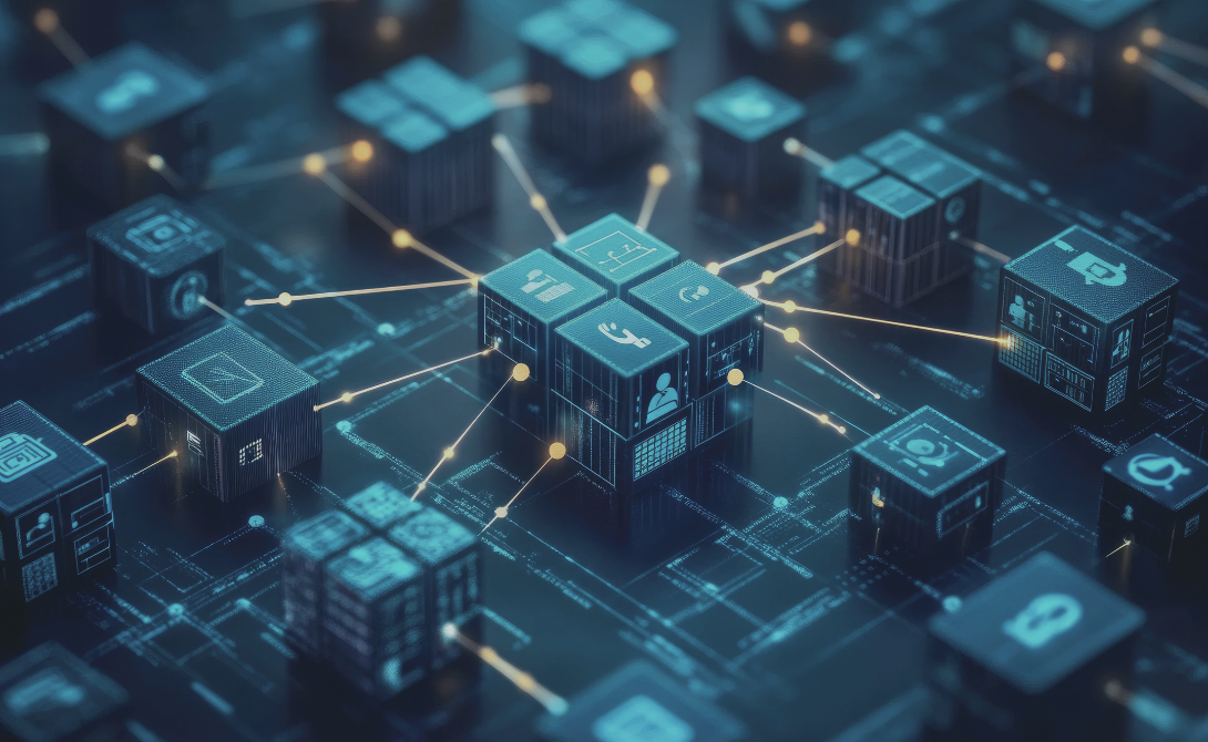 Abstract representation of a modular IT architecture with interconnected digital building blocks and data nodes.
