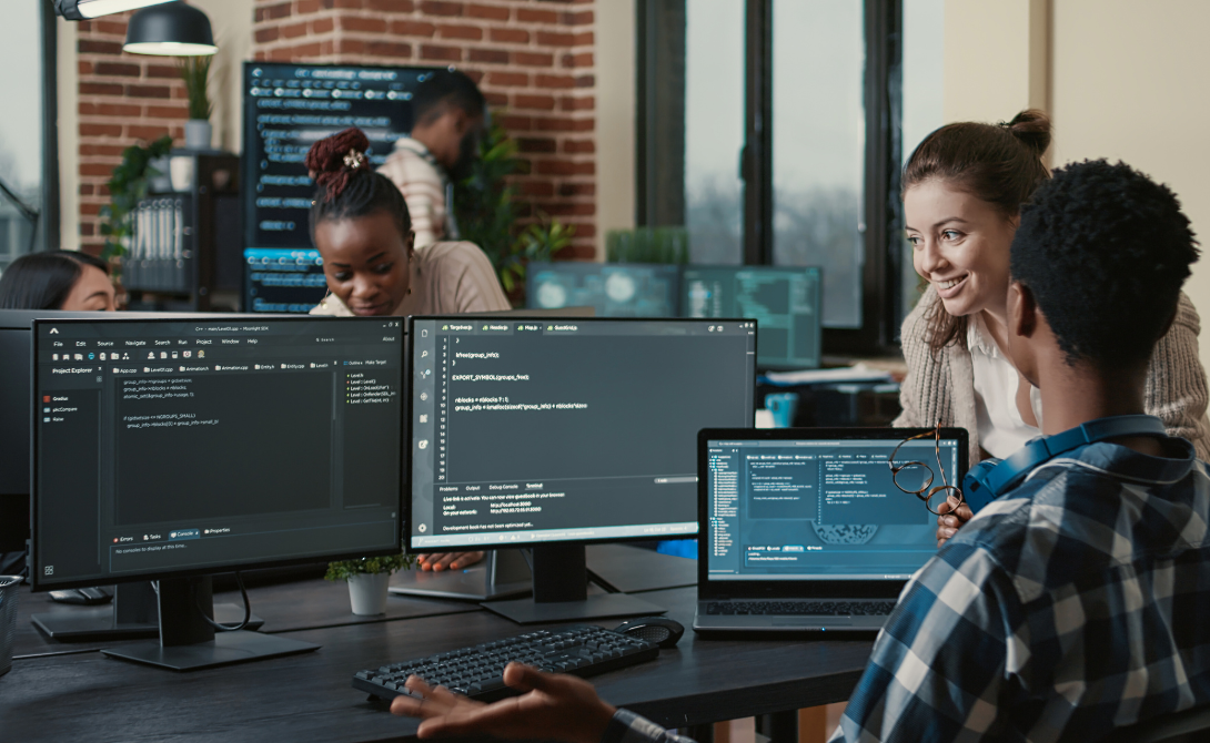 Team developing and collaborating on innovative machine learning solutions in a modern office environment