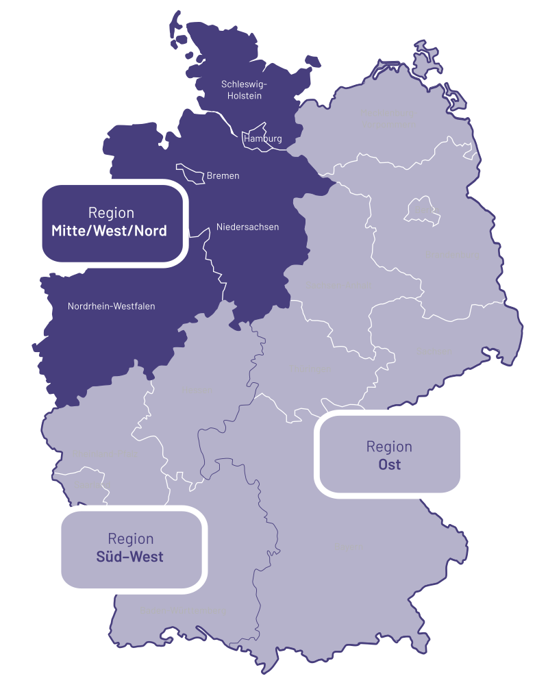 Deutschlandkarte mit der hervorgehobenen Region Mitte / West / Nord