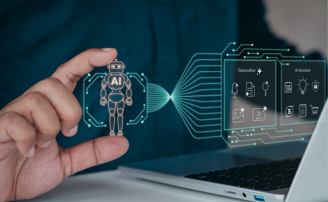 Hand holding a digital interface element in front of a laptop, symbolizing generative AI integration at the point of sale.