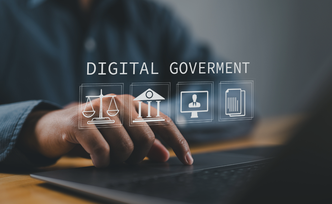 Hand interacting with a virtual interface labeled "Digital Government" - symbolizing digital sovereignty and secure public sector platforms.